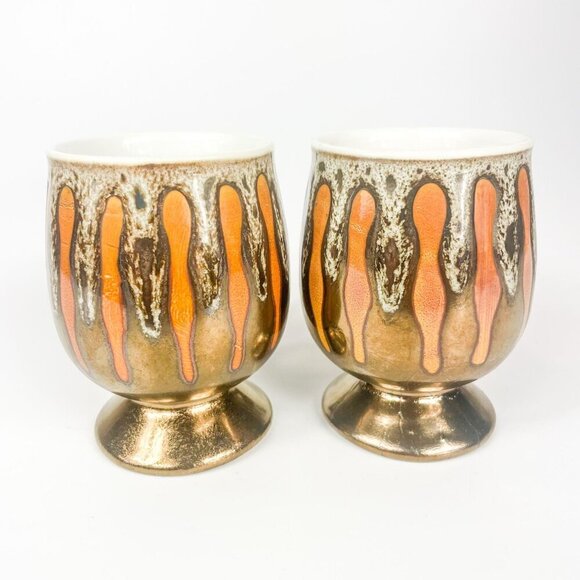 Mid century Modern Drip Glaze Copper Orange Mugs set of 2 - Picture 3 of 5